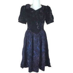 Jessica McClintock Gunne Sax Dress 12 Black Crushed Velvet Blue Prom Cocktail